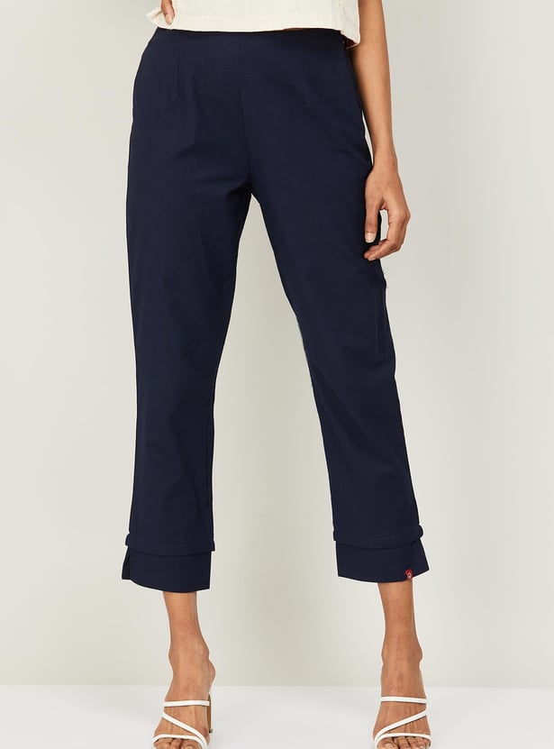 BIBA Women Solid Elasticated Waist Straight Pants