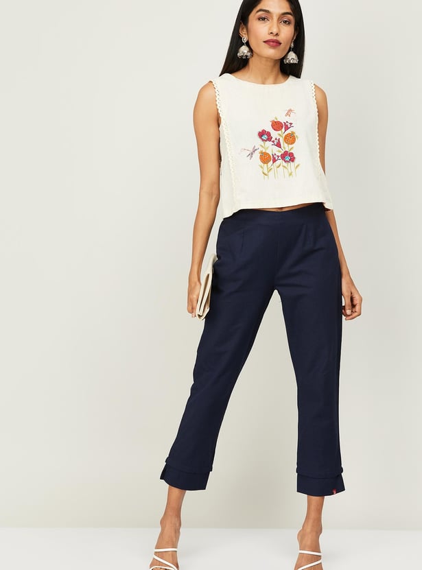 BIBA Women Solid Elasticated Waist Straight Pants
