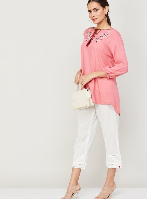 BIBA Women Solid Drawstring Straight Pants