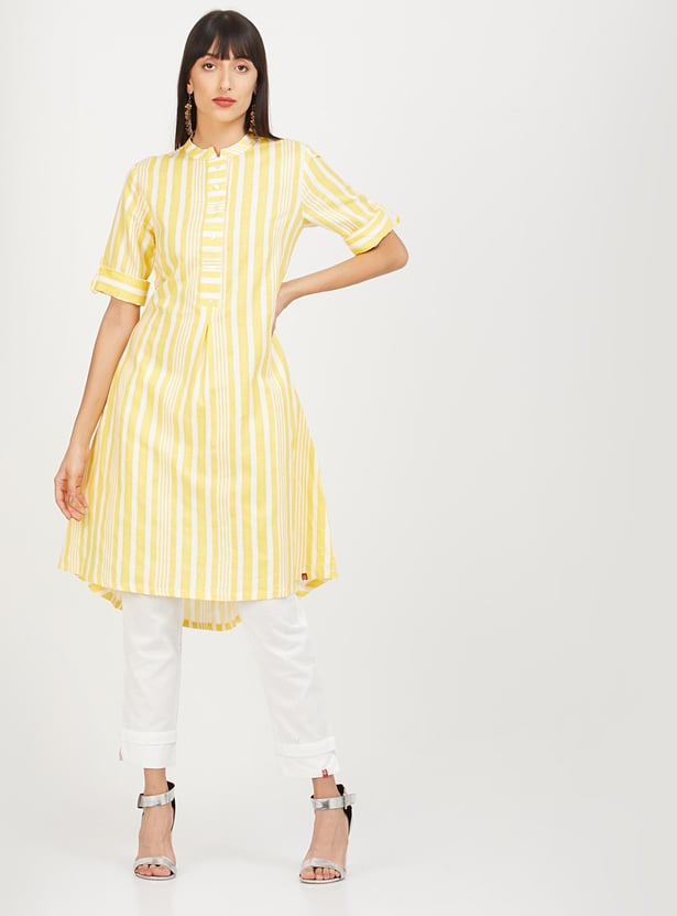 BIBA Women Striped Band Collar Kurta