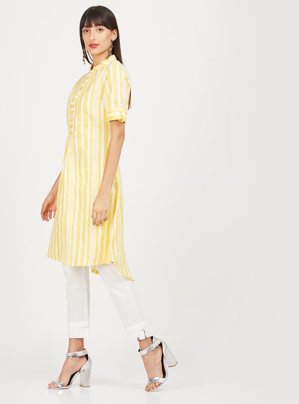 BIBA Women Striped Band Collar Kurta