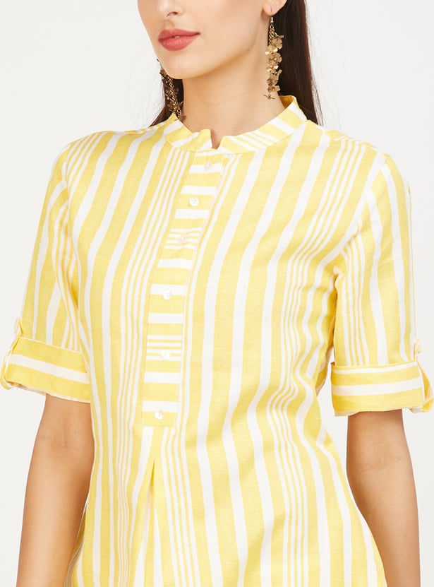 BIBA Women Striped Band Collar Kurta