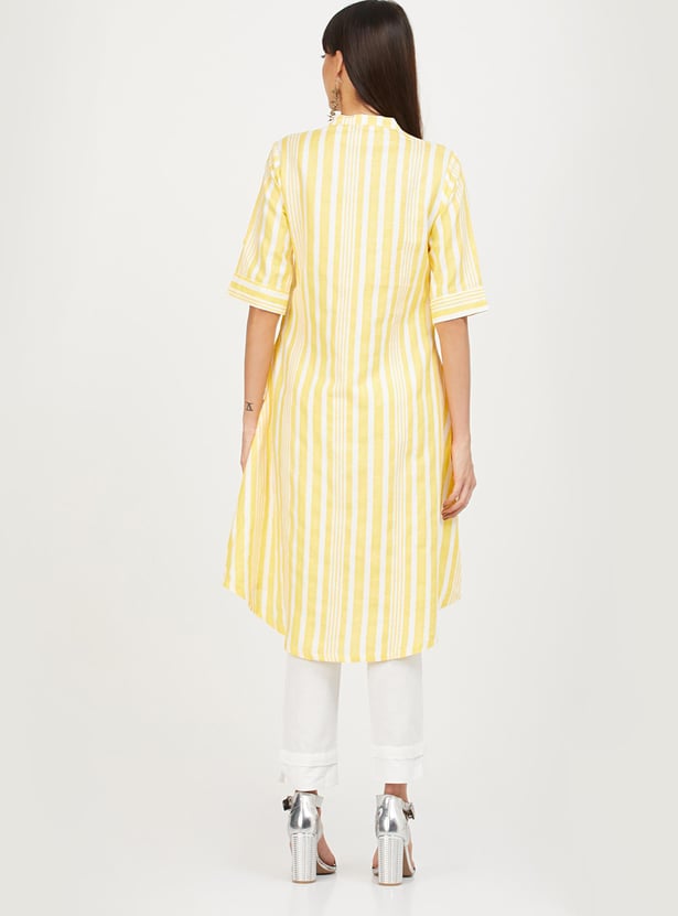 BIBA Women Striped Band Collar Kurta