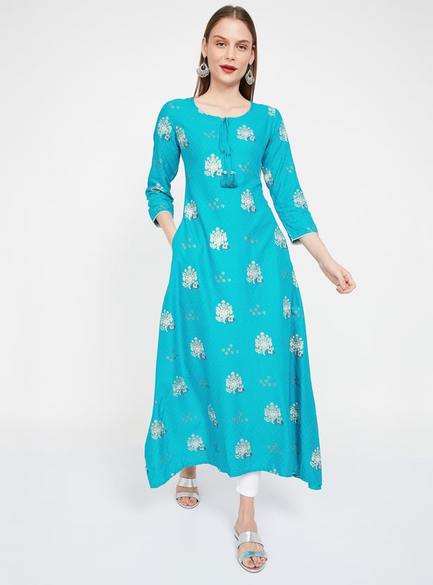 SPAN Printed Flared Kurta with Tasselled Tie-Up