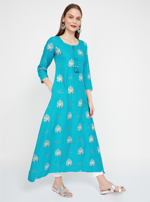 SPAN Printed Flared Kurta with Tasselled Tie-Up