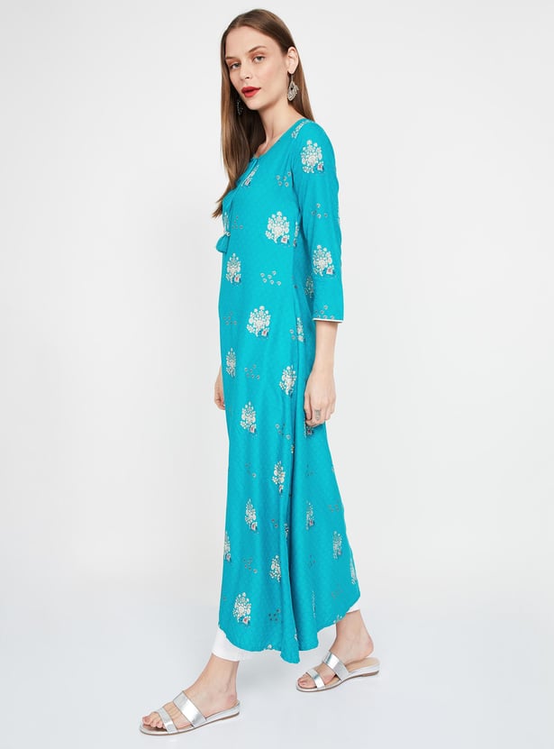 SPAN Printed Flared Kurta with Tasselled Tie-Up