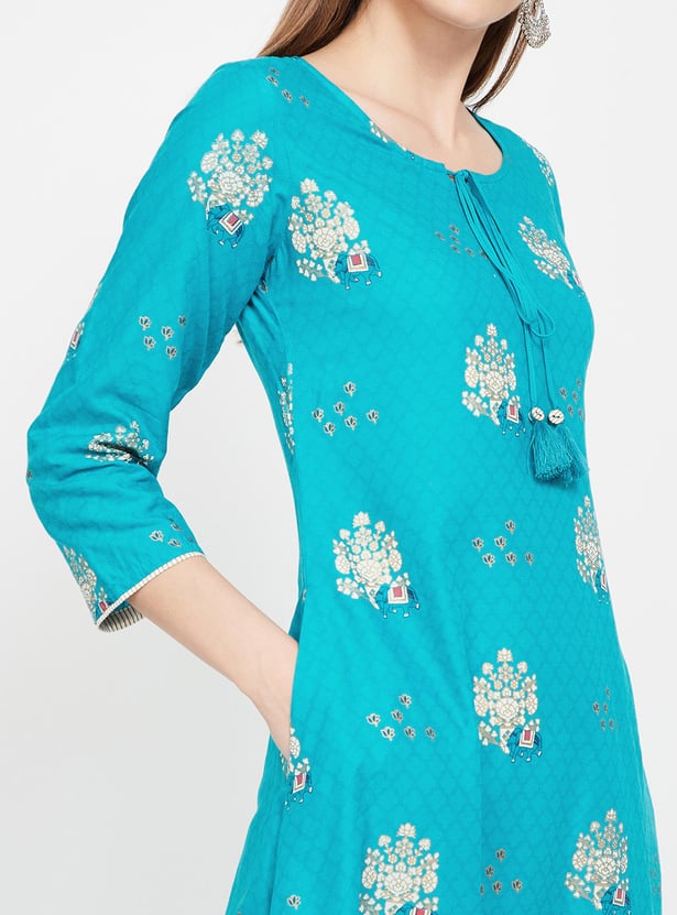 SPAN Printed Flared Kurta with Tasselled Tie-Up