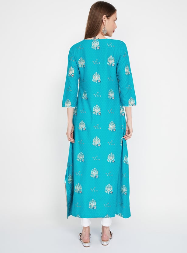 SPAN Printed Flared Kurta with Tasselled Tie-Up
