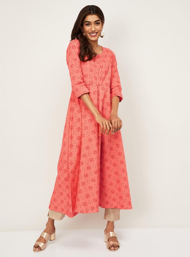 SPAN Women Printed Three-Quarter Sleeves A-Line Kurta