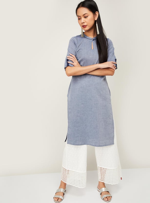AURELIA Women Textured Three-quarter Sleeves Straight Kurta