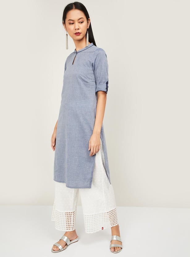 AURELIA Women Textured Three-quarter Sleeves Straight Kurta