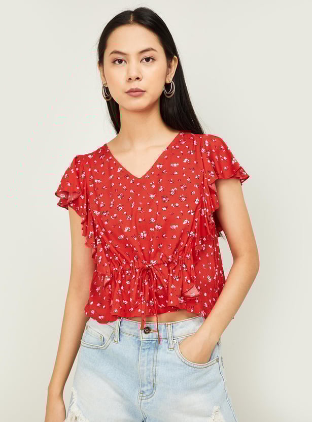 Buy GINGER Women Floral Print Flutter Sleeves Top from