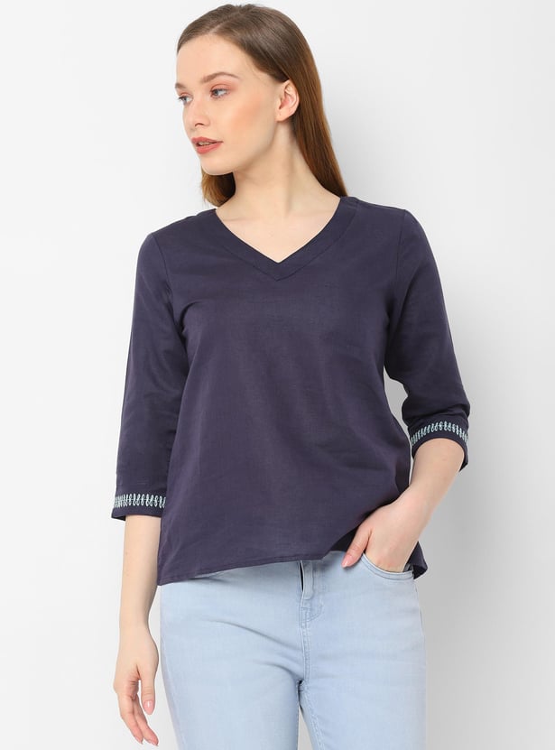 ALLEN SOLLY Women Embroidered Three-Quarter Sleeves Top