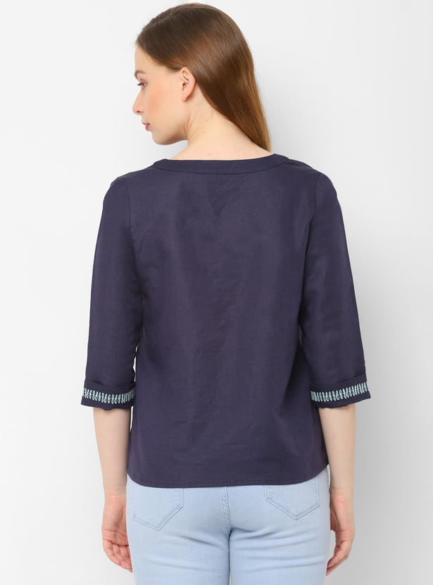 ALLEN SOLLY Women Embroidered Three-Quarter Sleeves Top