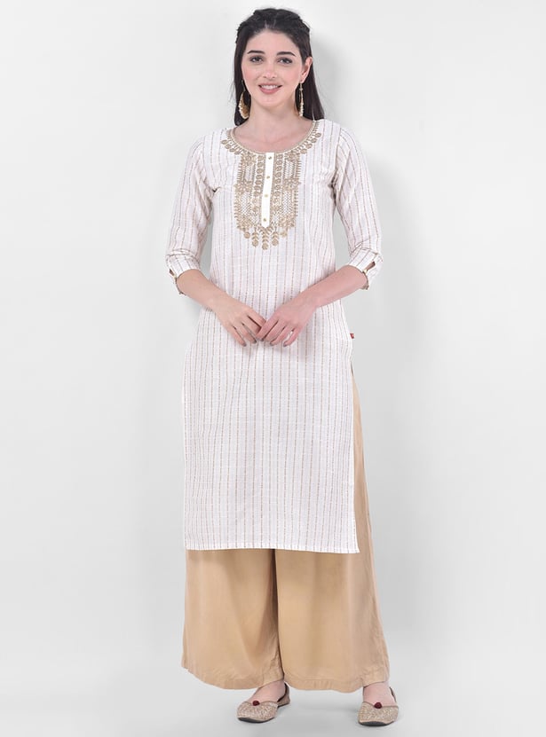 SPAN Women Embroidered Three-Quarter Sleeves Straight Kurta