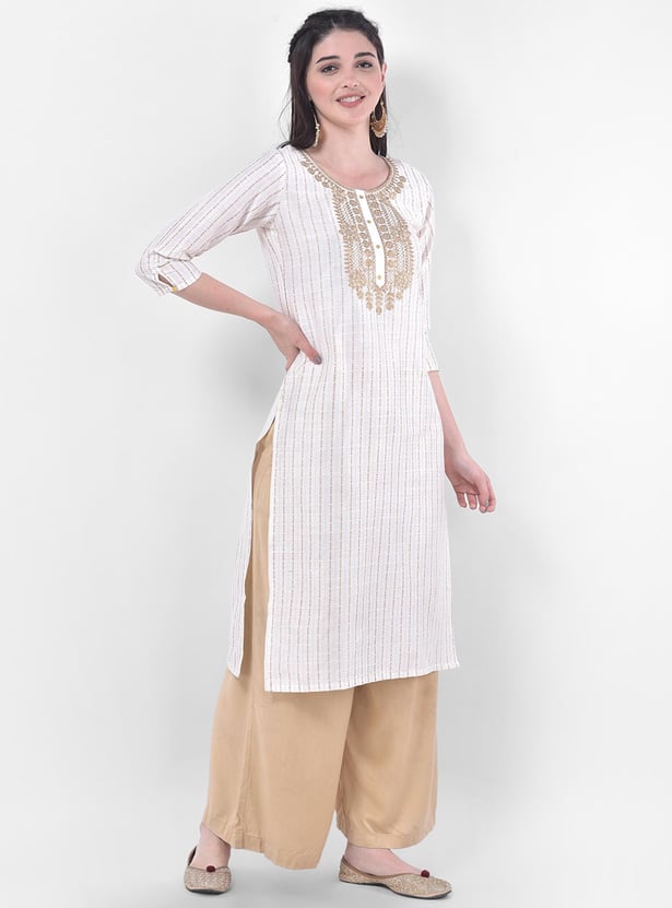 SPAN Women Embroidered Three-Quarter Sleeves Straight Kurta