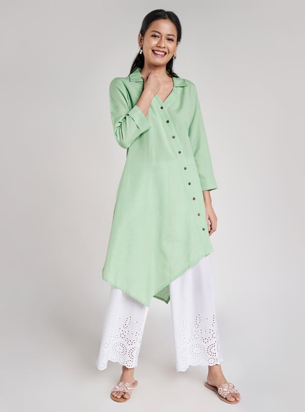 GLOBAL DESI Women Solid Three-quarter Sleeves Asymmetric Hemline Kurta