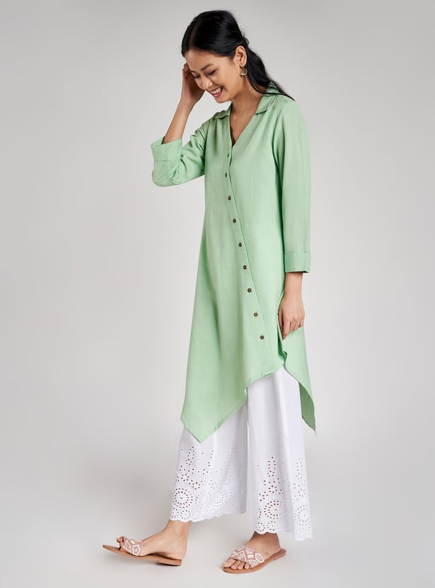 GLOBAL DESI Women Solid Three-quarter Sleeves Asymmetric Hemline Kurta