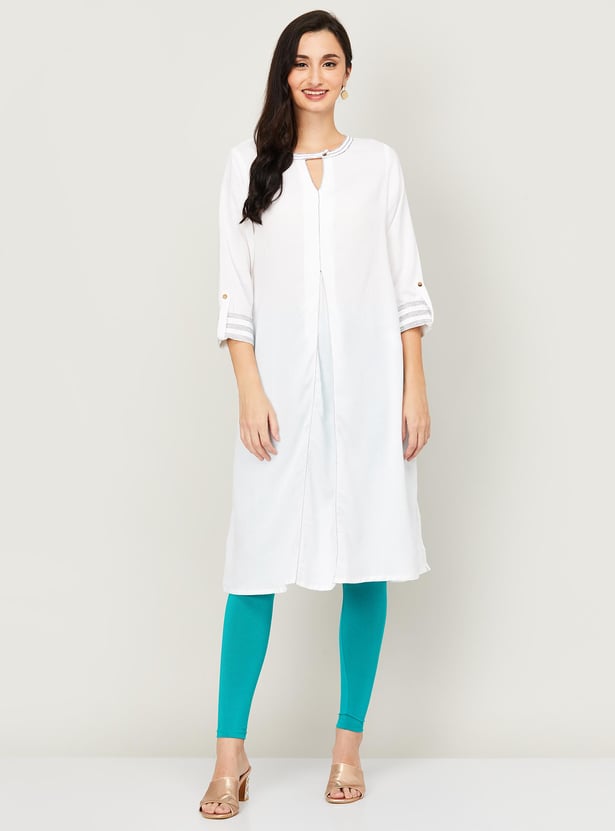 GLOBAL DESI Women Solid Three-quarter Sleeves Straight Kurta