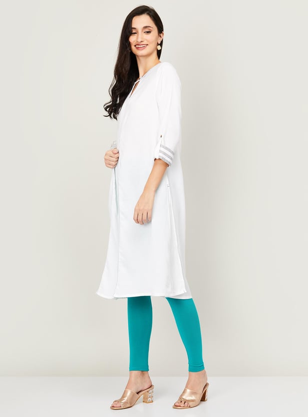 GLOBAL DESI Women Solid Three-quarter Sleeves Straight Kurta