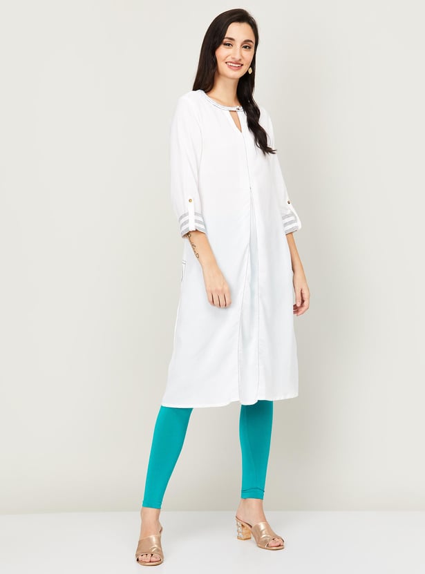 GLOBAL DESI Women Solid Three-quarter Sleeves Straight Kurta