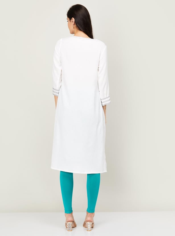 GLOBAL DESI Women Solid Three-quarter Sleeves Straight Kurta