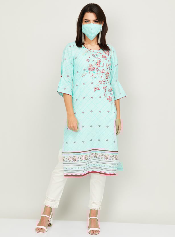 AURELIA Women Printed Three-quarter Sleeves Straight Kurta