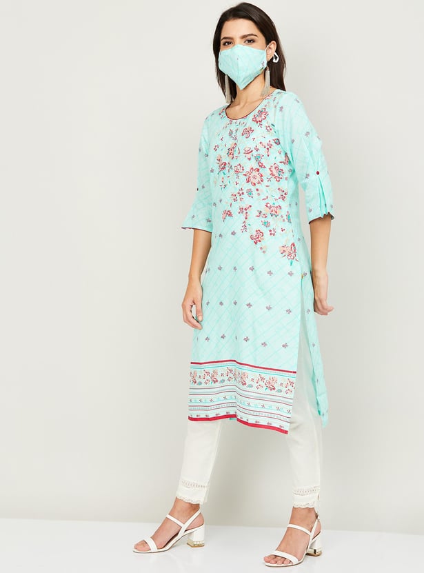 AURELIA Women Printed Three-quarter Sleeves Straight Kurta