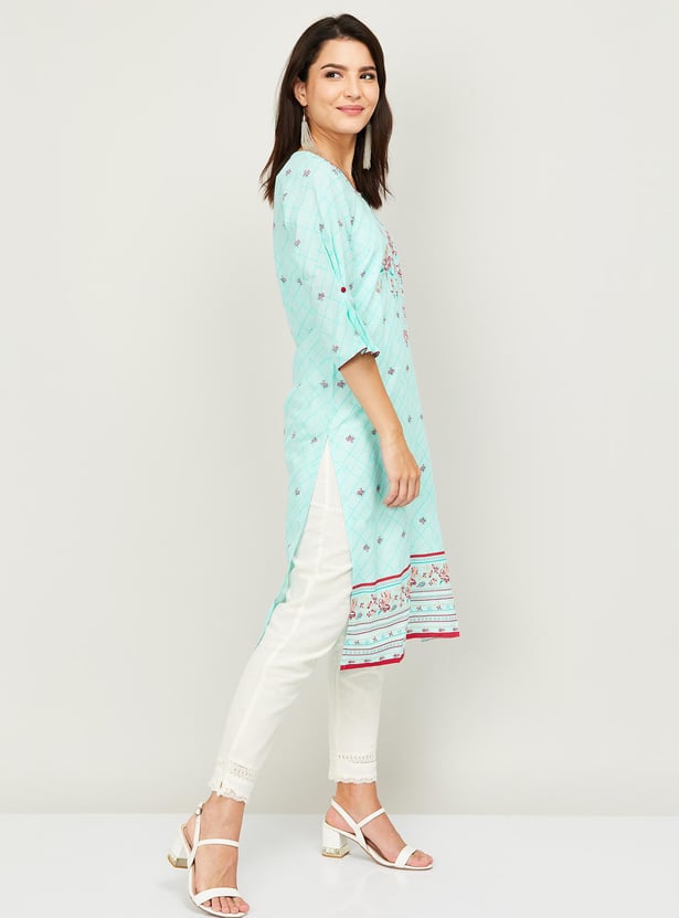 AURELIA Women Printed Three-quarter Sleeves Straight Kurta