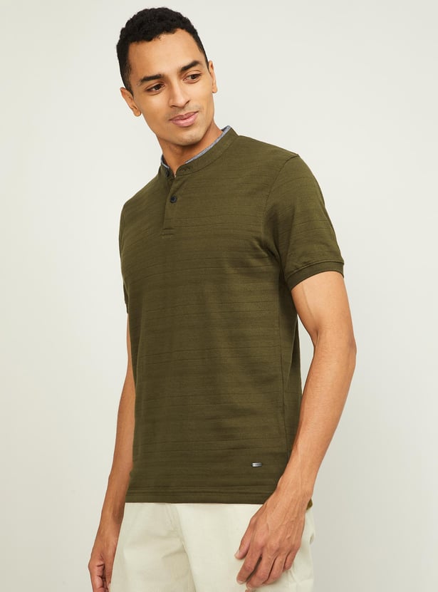 CODE Men Textured Mandarin Collar T-shirt