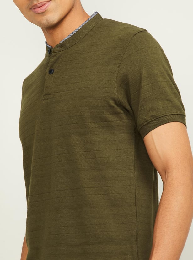 CODE Men Textured Mandarin Collar T-shirt