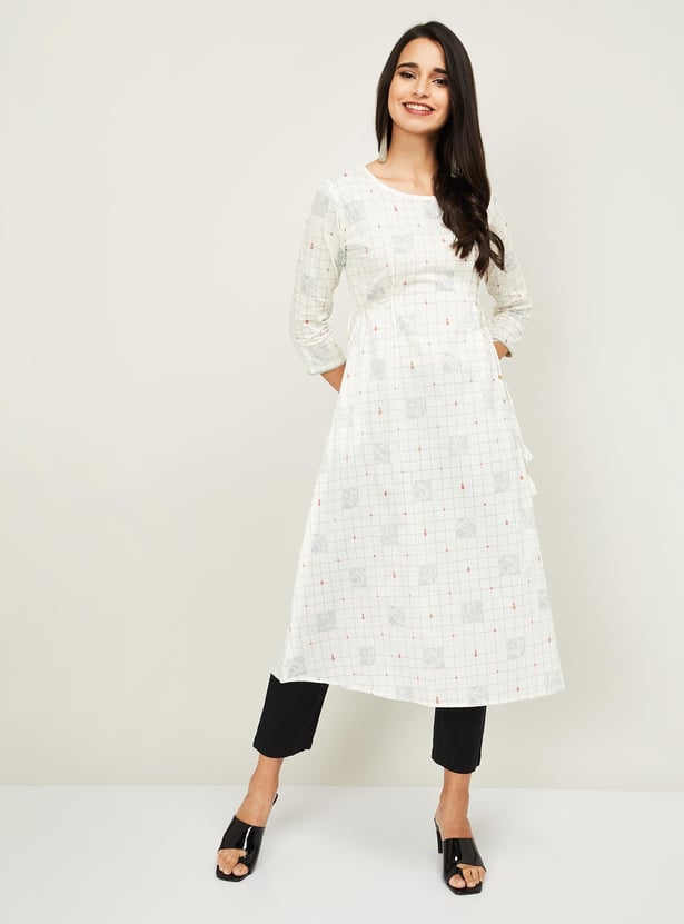 SPAN Women Checked Three-Quarter Sleeves A-line Kurta
