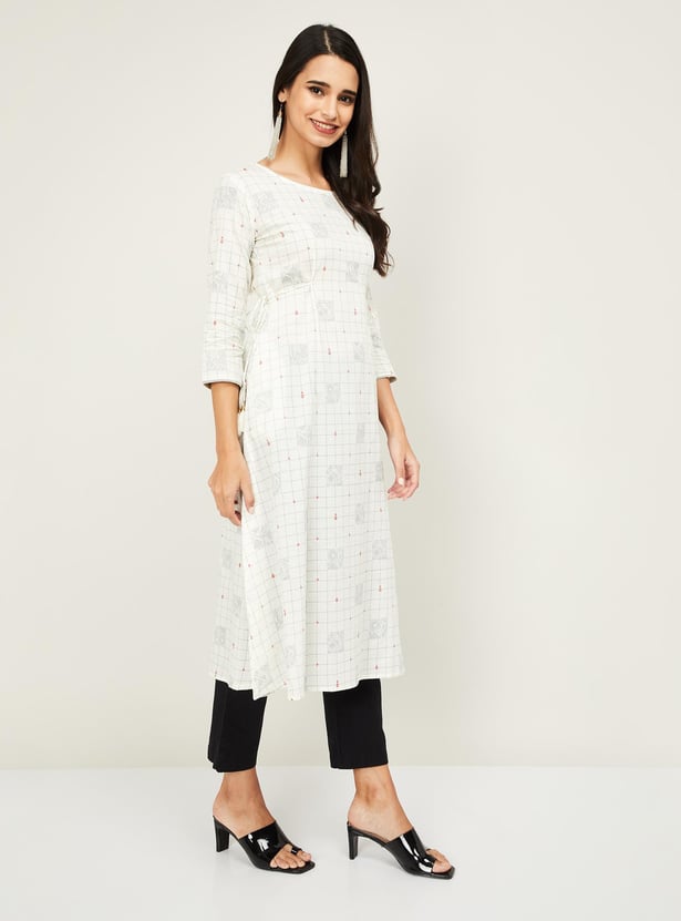 SPAN Women Checked Three-Quarter Sleeves A-line Kurta
