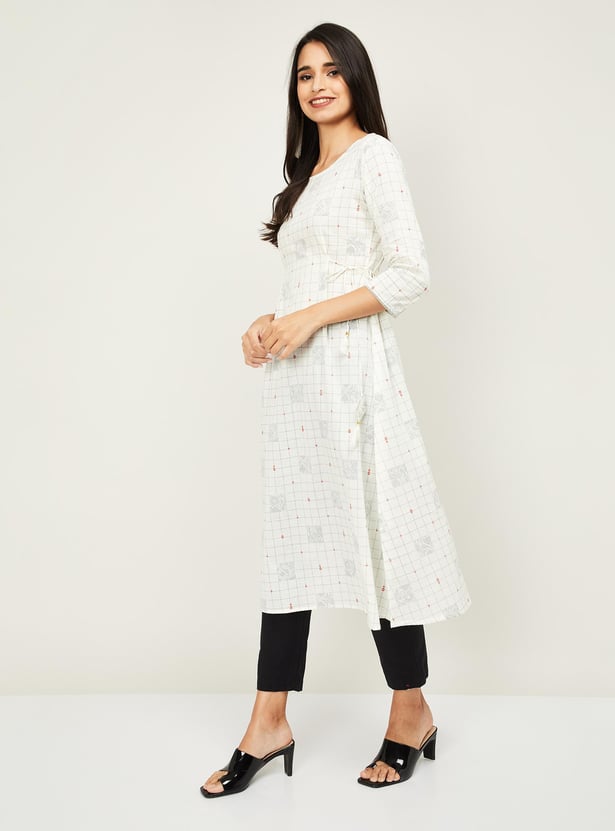SPAN Women Checked Three-Quarter Sleeves A-line Kurta