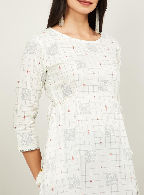 SPAN Women Checked Three-Quarter Sleeves A-line Kurta