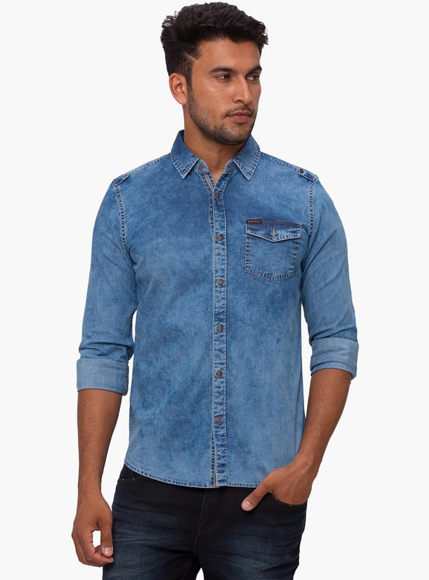 Buy BEING HUMAN Men Stonewashed Super Slim Fit Denim Shirt from Being Human at just INR 2499.0