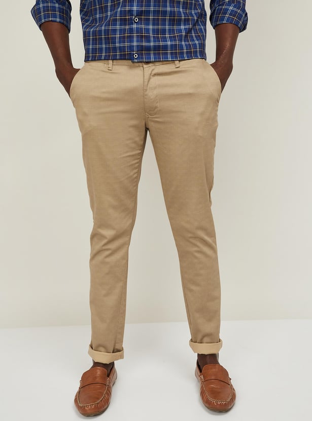 Brown Checkered Casual Pants Daroni Camel Slim Fit Plaid Pants BOJONI