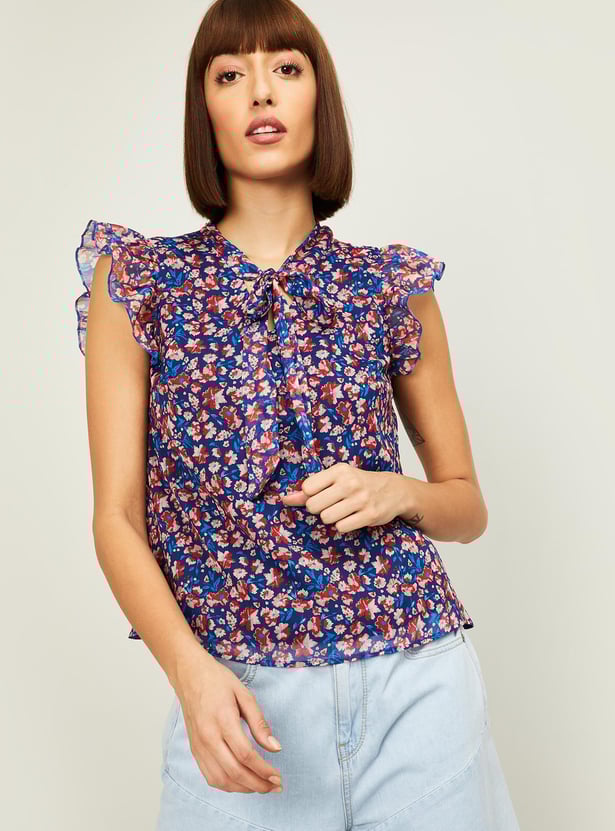ALLEN SOLLY Floral Print Top with Tie Neck and Ruffles