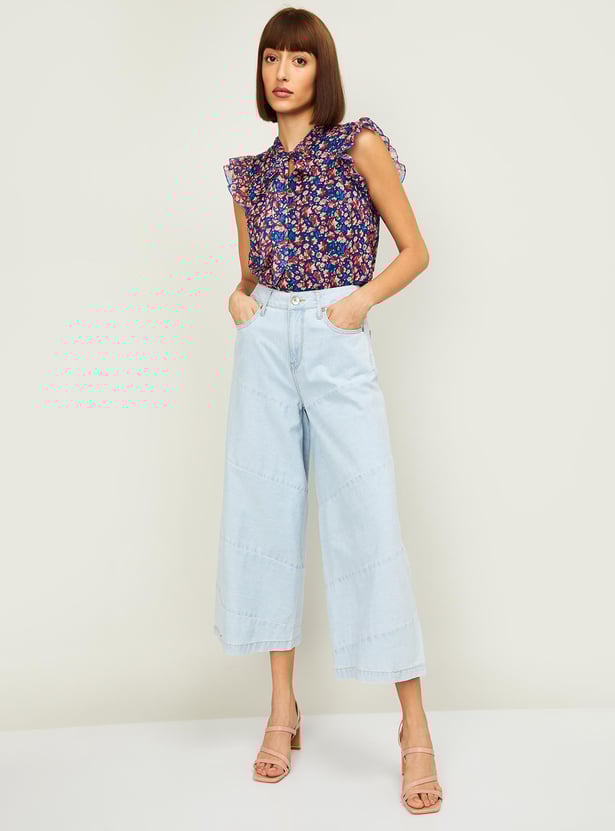 ALLEN SOLLY Floral Print Top with Tie Neck and Ruffles