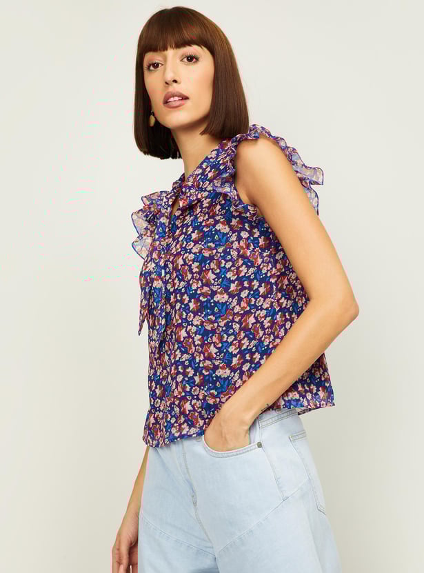 ALLEN SOLLY Floral Print Top with Tie Neck and Ruffles