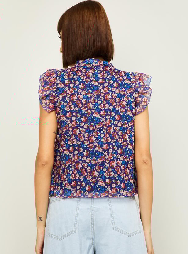 ALLEN SOLLY Floral Print Top with Tie Neck and Ruffles
