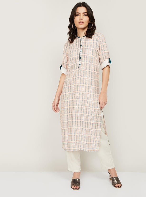 AURELIA Women Checked Three-quarter Sleeves Straight Kurta