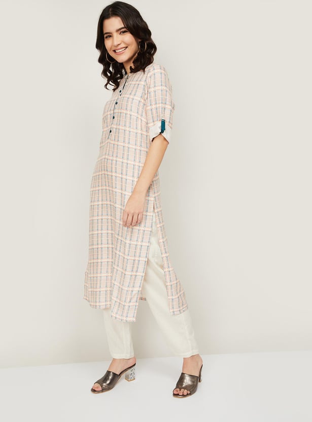 AURELIA Women Checked Three-quarter Sleeves Straight Kurta