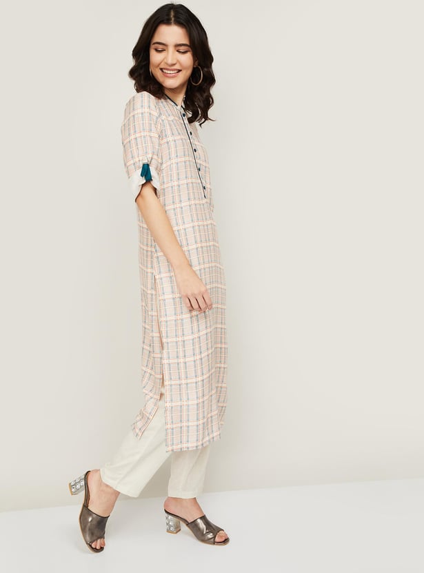 AURELIA Women Checked Three-quarter Sleeves Straight Kurta