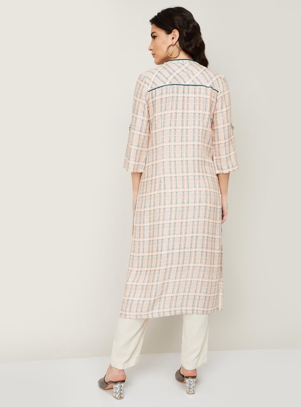 AURELIA Women Checked Three-quarter Sleeves Straight Kurta