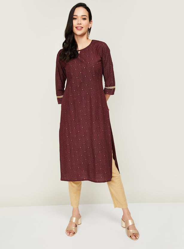 SPAN Women Printed Three-quarter Sleeves Straight Kurta