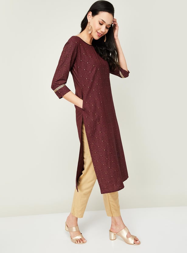 SPAN Women Printed Three-quarter Sleeves Straight Kurta
