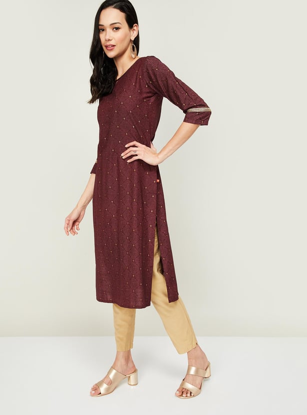 SPAN Women Printed Three-quarter Sleeves Straight Kurta