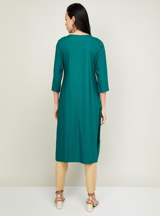 SPAN Women Embroidered Three-quarter Sleeves Straight Kurta