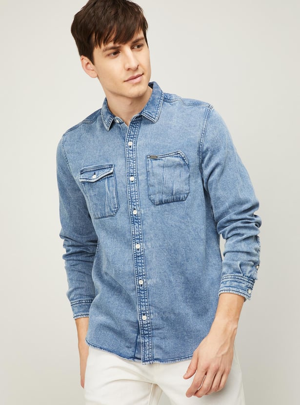 Buy WRANGLER Men Washed Spread Collar Denim Shirt from Wrangler at